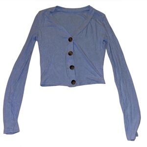 blue long sleeve button down top